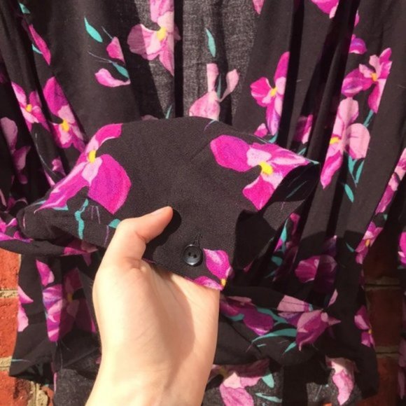 Black and Purple Floral Print Free Press Long Sleeve V-Neck Collared Blouse - Picture 5 of 15